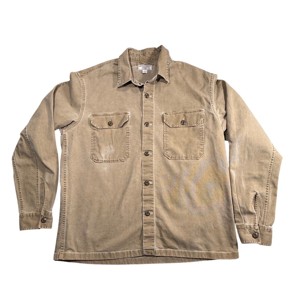Wallace & Barnes J.Crew Mens Tan Canvas Work Shirt Button Up Utility Khaki Large